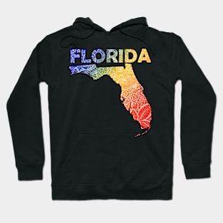 Colorful mandala art map of Florida with text in blue, yellow, and red Hoodie